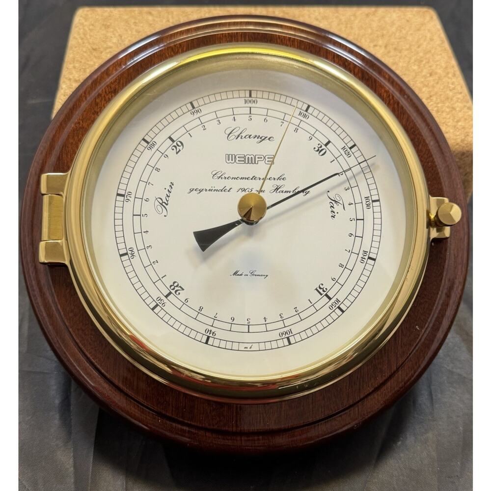 WEMPE Hamburg Skipper Marine Aneroid Barometer Brass & Mahogany - Germany